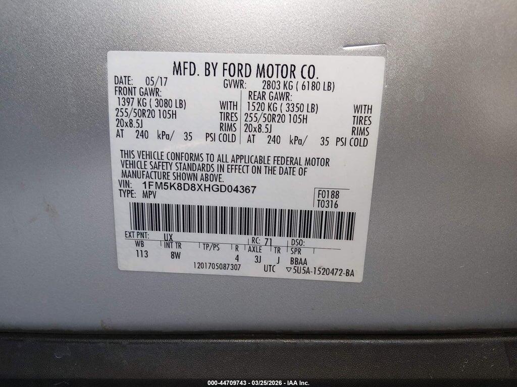 1FM5K8D8XHGD04367 2017 FORD EXPLORER photo no. 9