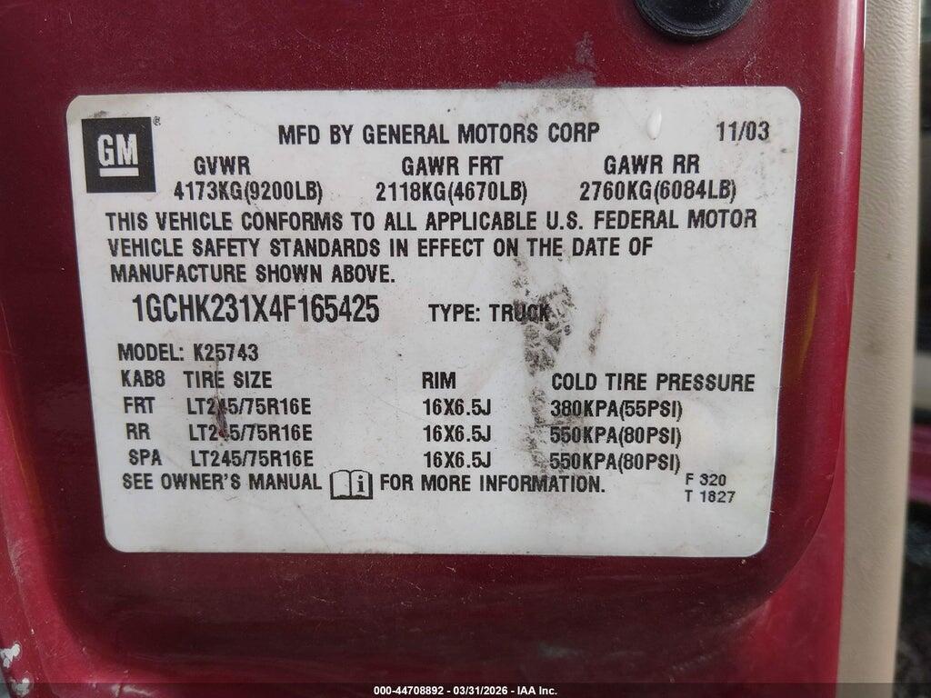 1GCHK231X4F165425 2004 CHEVROLET SILVERADO 2500HD photo no. 9