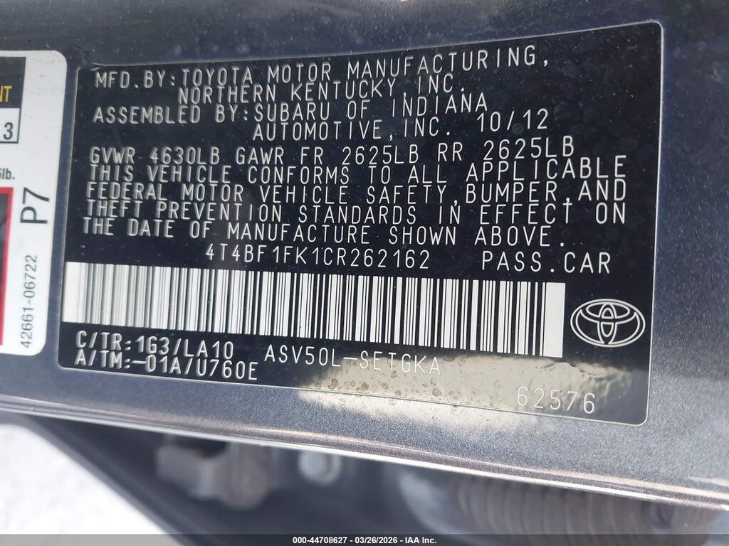 4T4BF1FK1CR262162 2012 TOYOTA CAMRY photo no. 9