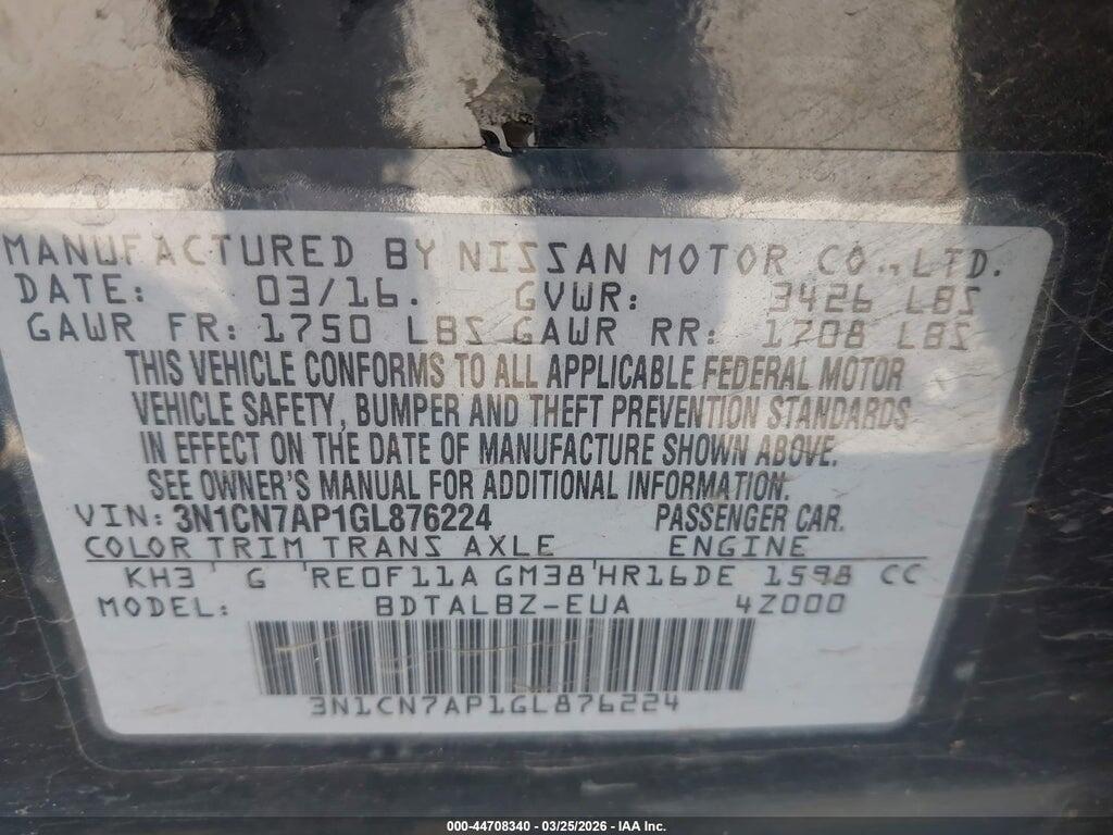 3N1CN7AP1GL876224 2016 NISSAN VERSA photo no. 9