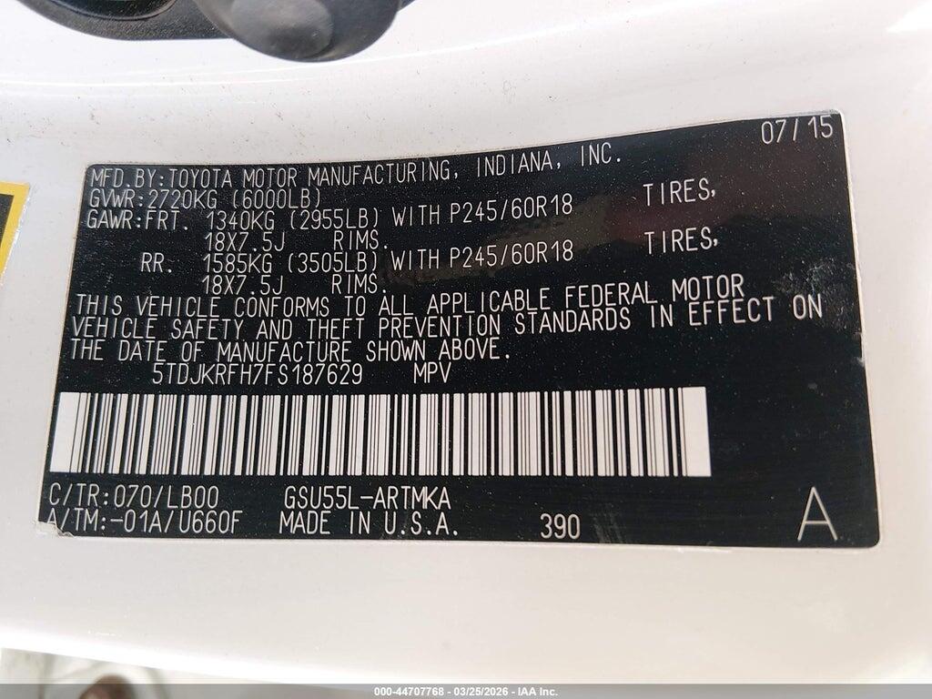 5TDJKRFH7FS187629 2015 TOYOTA HIGHLANDER photo no. 9
