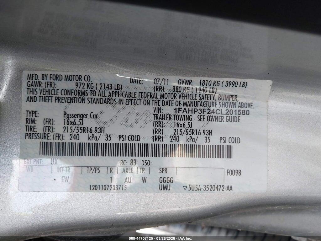 1FAHP3F24CL201580 2012 FORD FOCUS photo no. 9