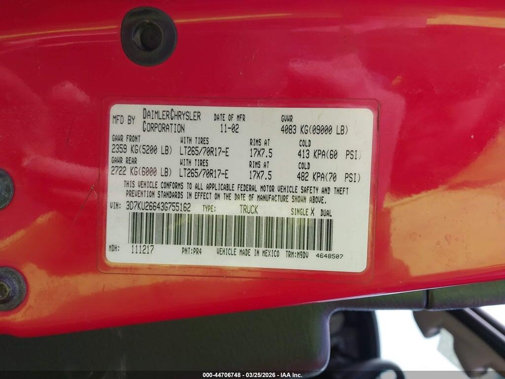 3D7KU26643G755162 2003 DODGE RAM 2500 photo no. 9