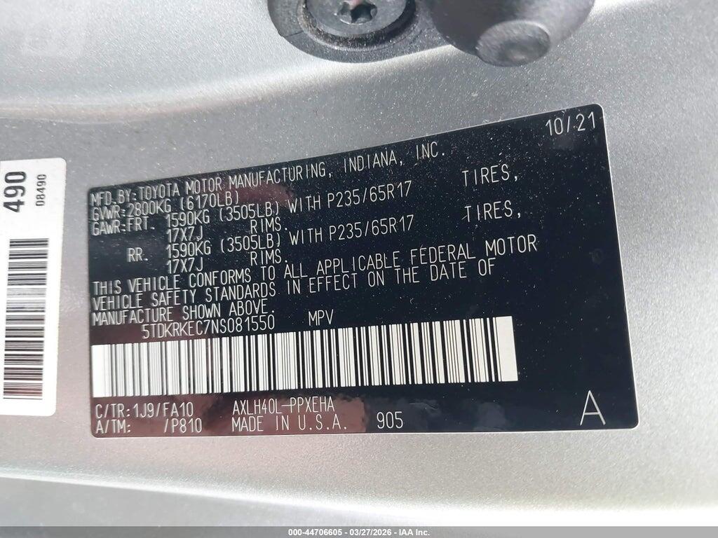 5TDKRKEC7NS081550 2022 TOYOTA SIENNA photo no. 9
