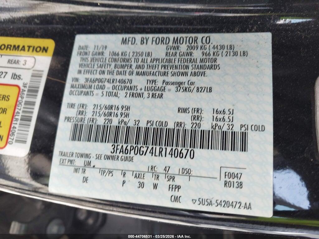 3FA6P0G74LR140670 2020 FORD FUSION photo no. 9