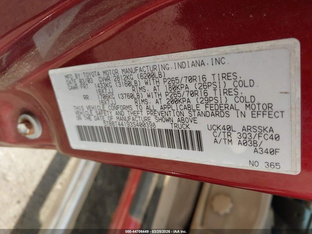 5TBBT44193S400398 2003 TOYOTA TUNDRA photo no. 9