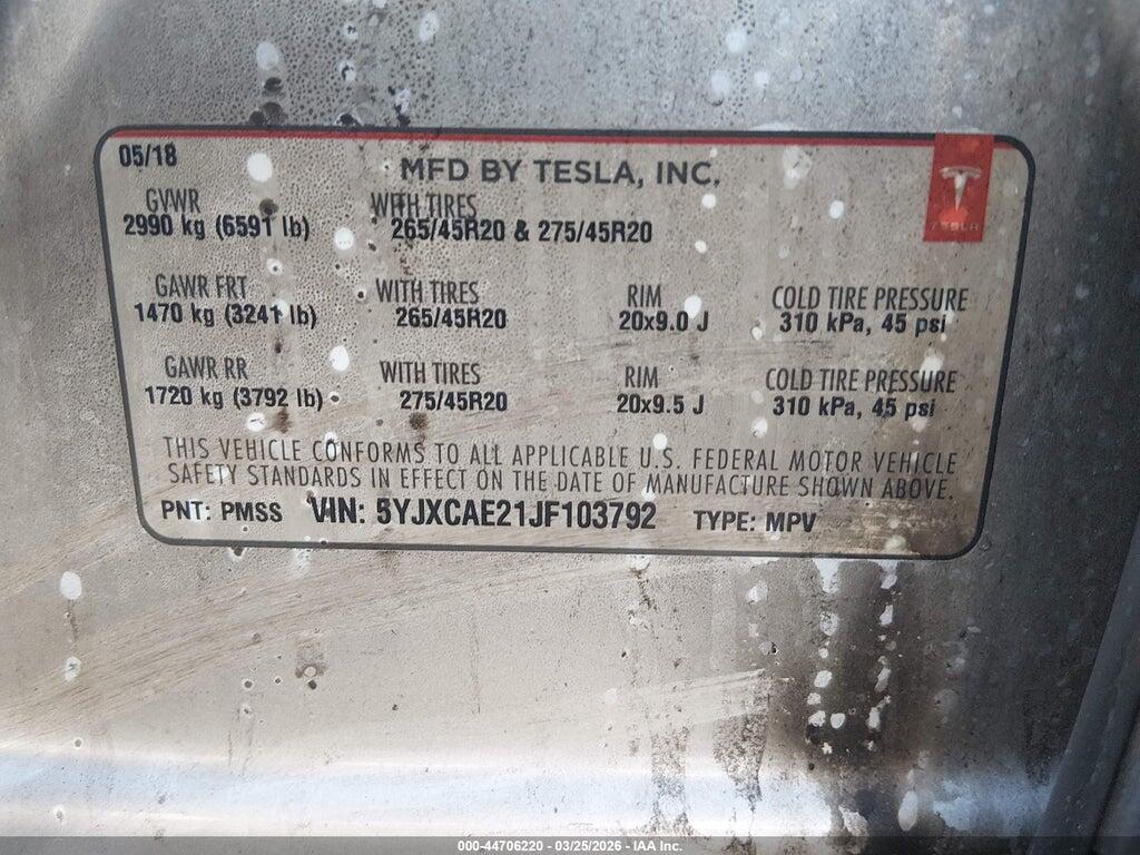 5YJXCAE21JF103792 2018 TESLA MODEL X photo no. 8