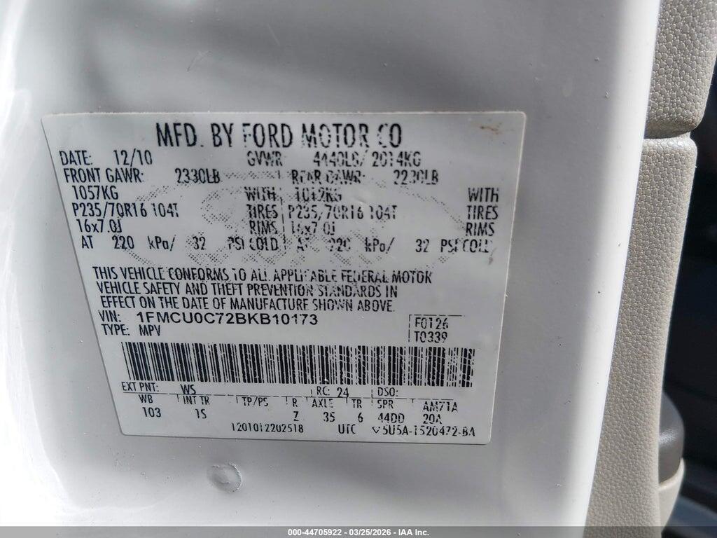 1FMCU0C72BKB10173 2011 FORD ESCAPE photo no. 9
