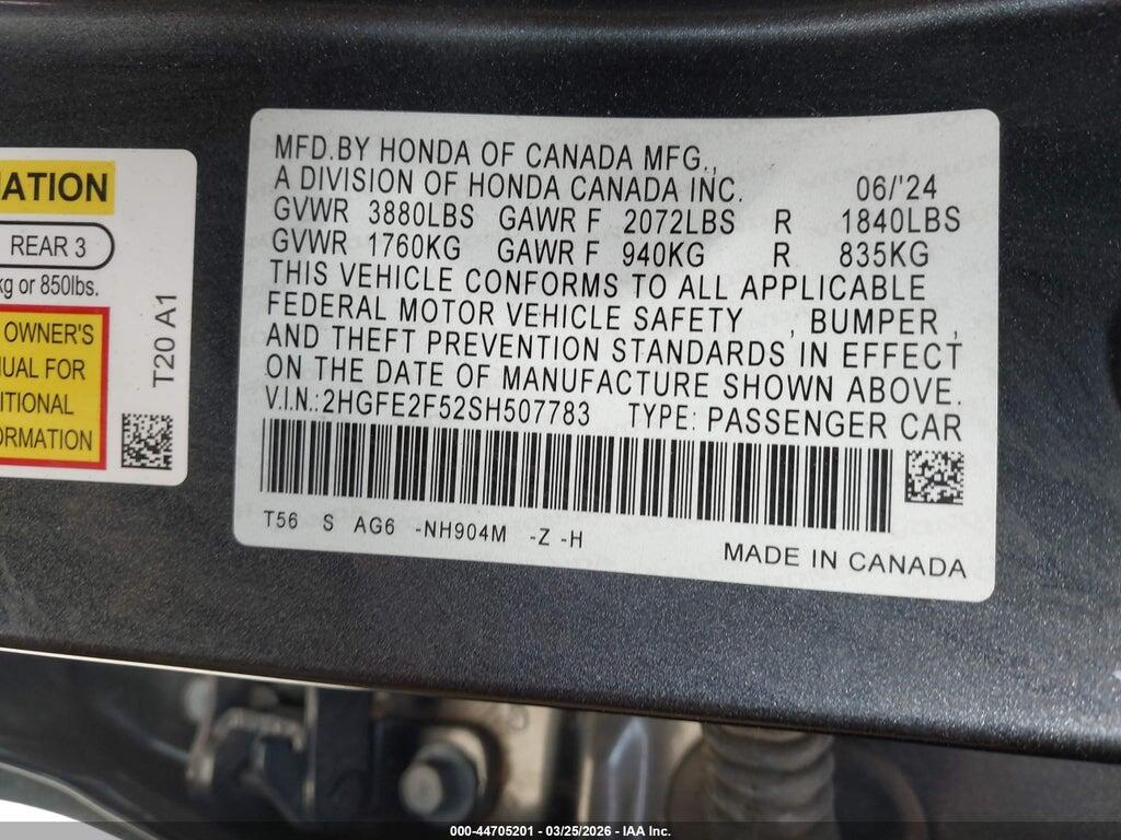 2HGFE2F52SH507783 2025 HONDA CIVIC photo no. 9