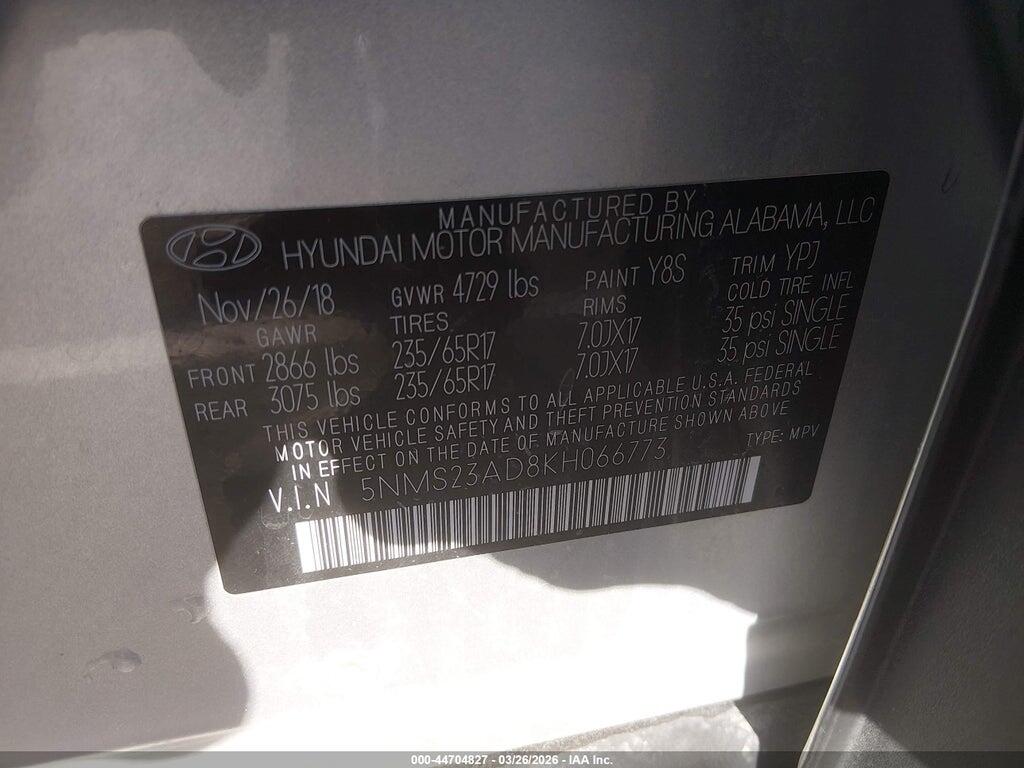 5NMS23AD8KH066773 2019 HYUNDAI SANTA FE photo no. 9