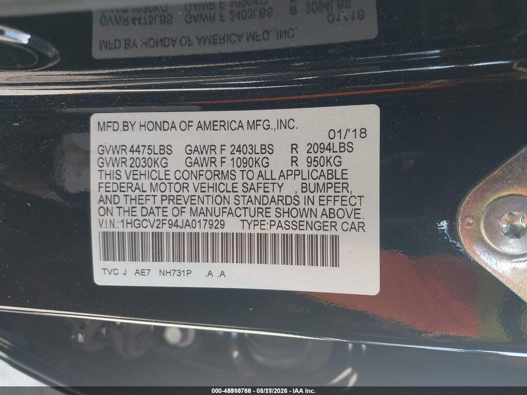 1HGCV2F94JA017929 2018 HONDA ACCORD photo no. 9