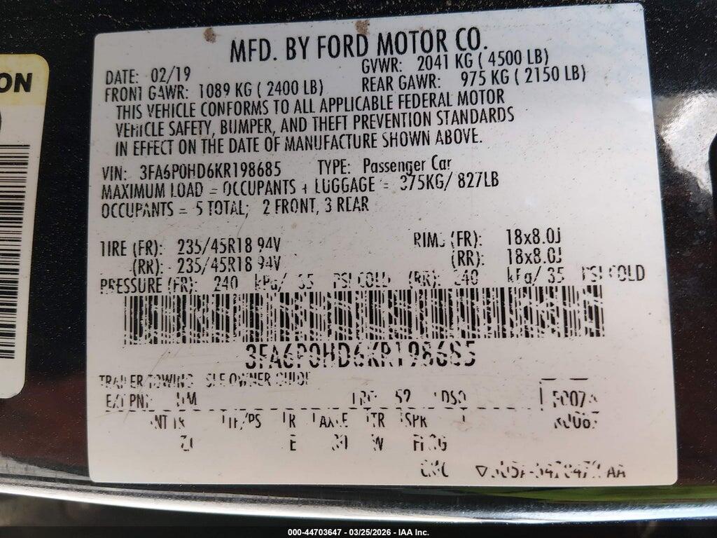 3FA6P0HD6KR198685 2019 FORD FUSION photo no. 9