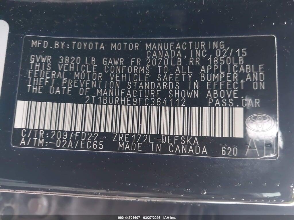 2T1BURHE9FC364112 2015 TOYOTA COROLLA photo no. 9