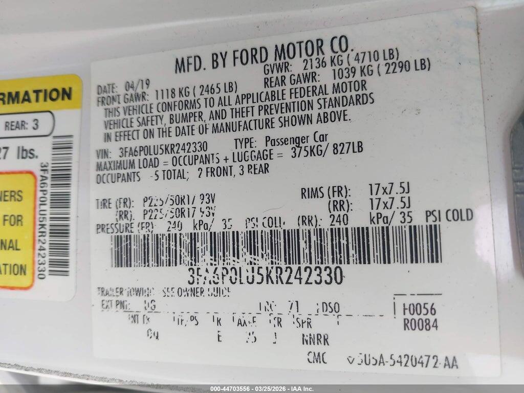 3FA6P0LU5KR242330 2019 FORD FUSION HYBRID photo no. 9