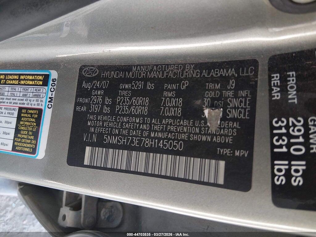5NMSH73E78H145050 2008 HYUNDAI SANTA FE photo no. 9