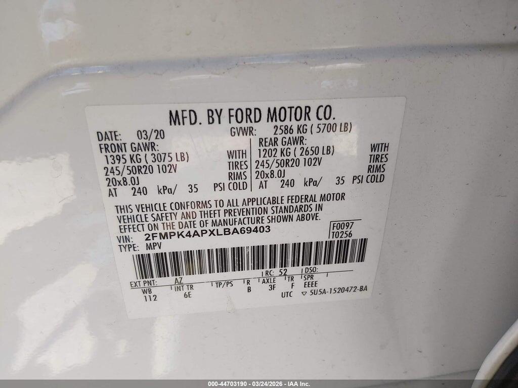 2FMPK4APXLBA69403 2020 FORD EDGE photo no. 9