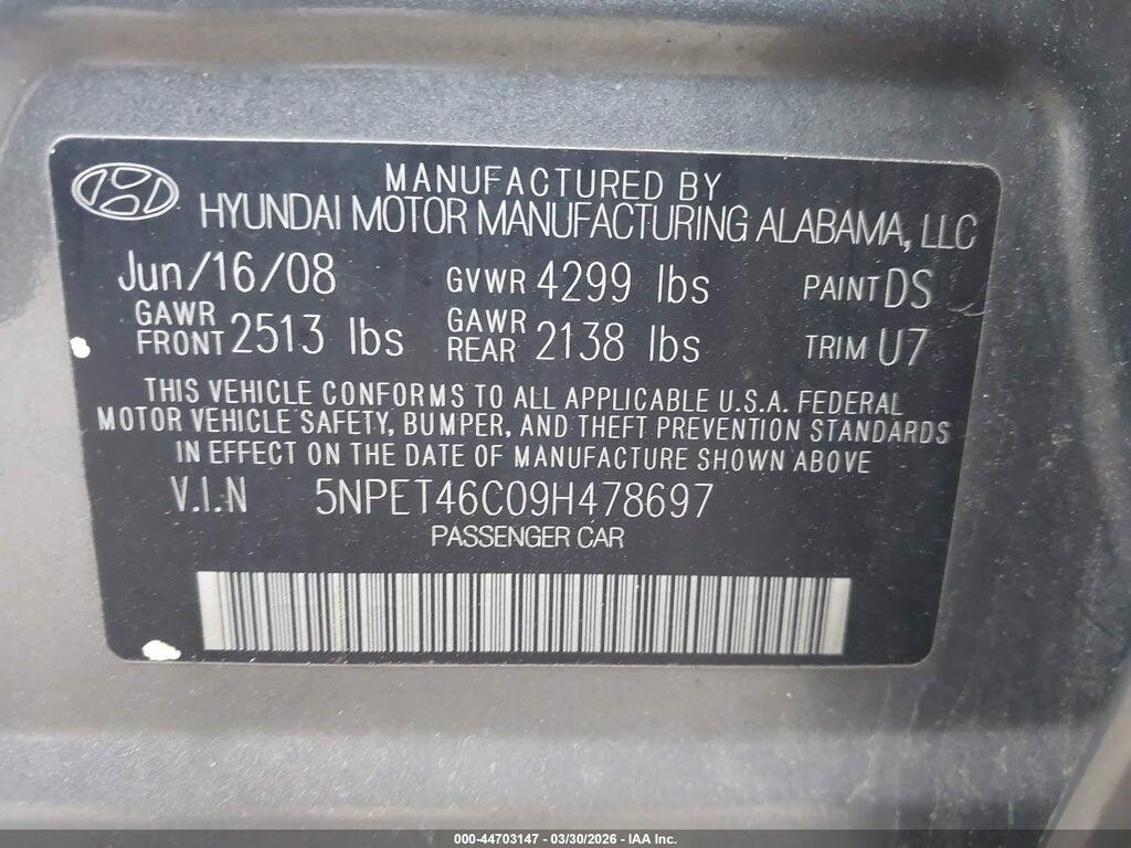 5NPET46C09H478697 2009 HYUNDAI SONATA photo no. 9
