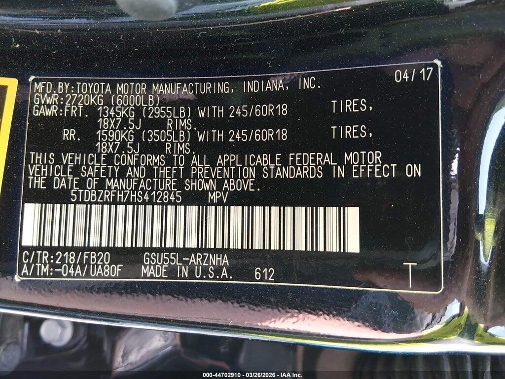 5TDBZRFH7HS412845 2017 TOYOTA HIGHLANDER photo no. 9