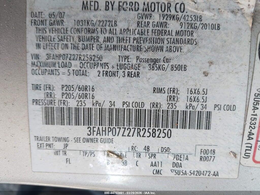 3FAHP07Z27R258250 2007 FORD FUSION photo no. 9