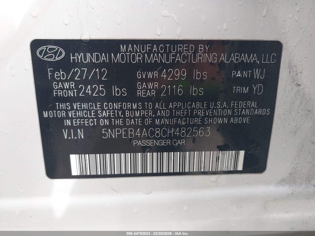 5NPEB4AC8CH482563 2012 HYUNDAI SONATA photo no. 9