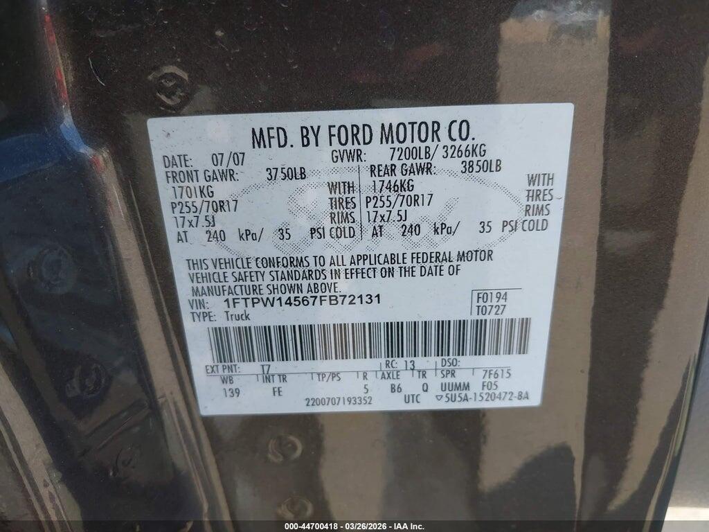 1FTPW14567FB72131 2007 FORD F-150 photo no. 9