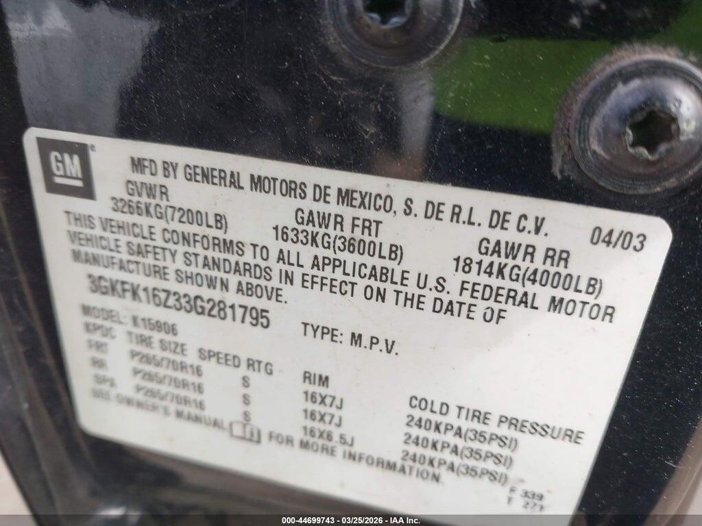 3GKFK16Z33G281795 2003 GMC YUKON XL 1500 photo no. 9