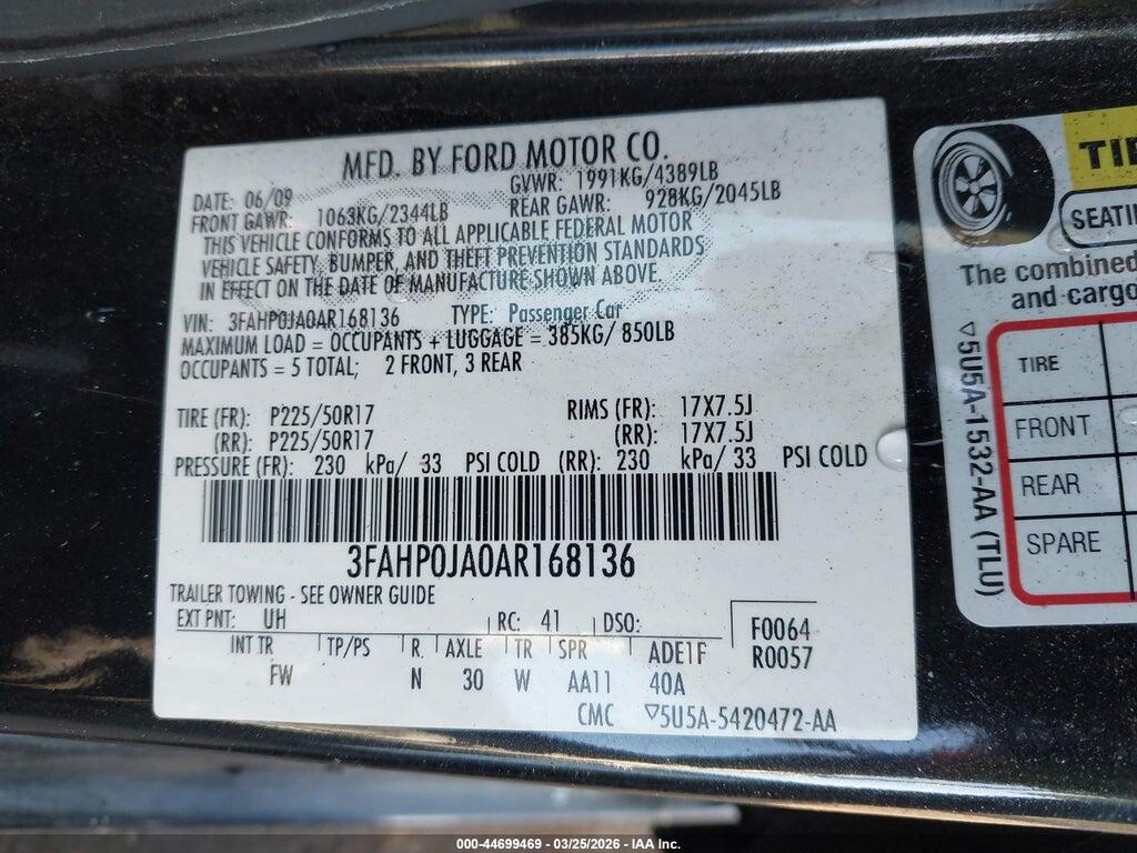 3FAHP0JA0AR168136 2010 FORD FUSION photo no. 9