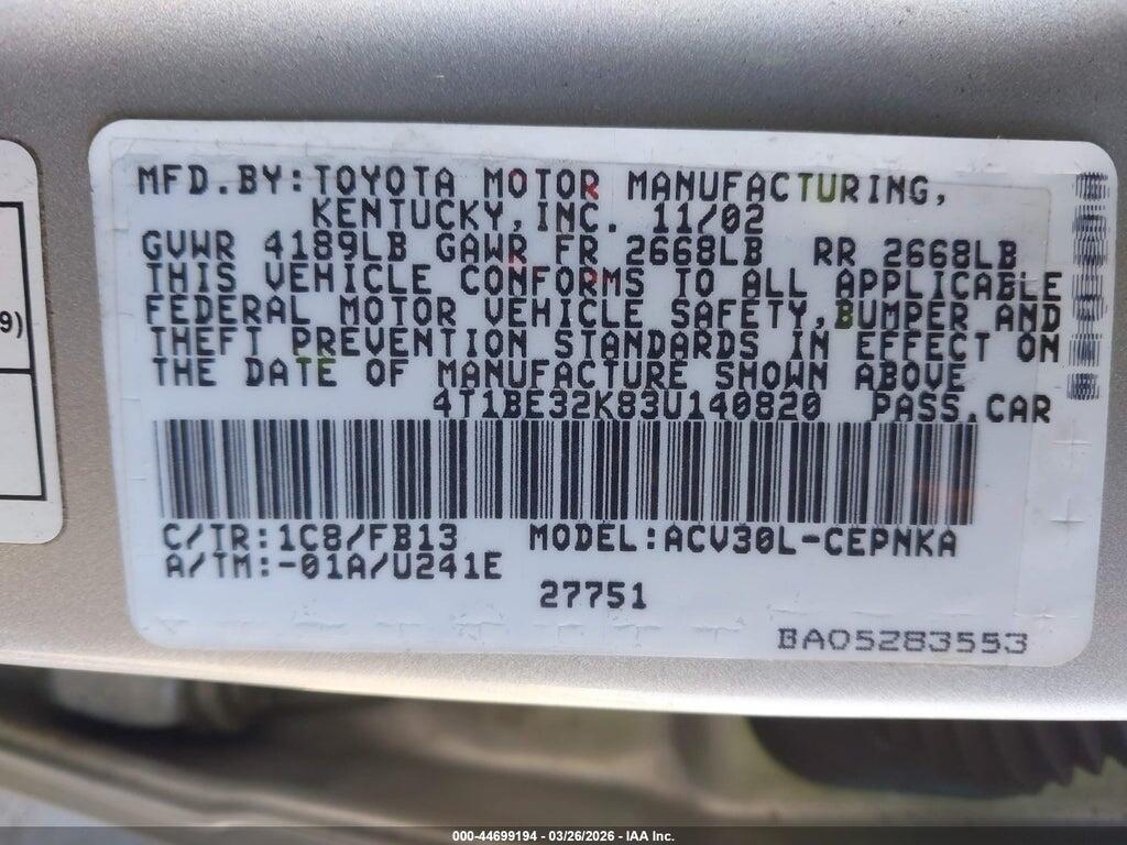 4T1BE32K83U140820 2003 TOYOTA CAMRY photo no. 9