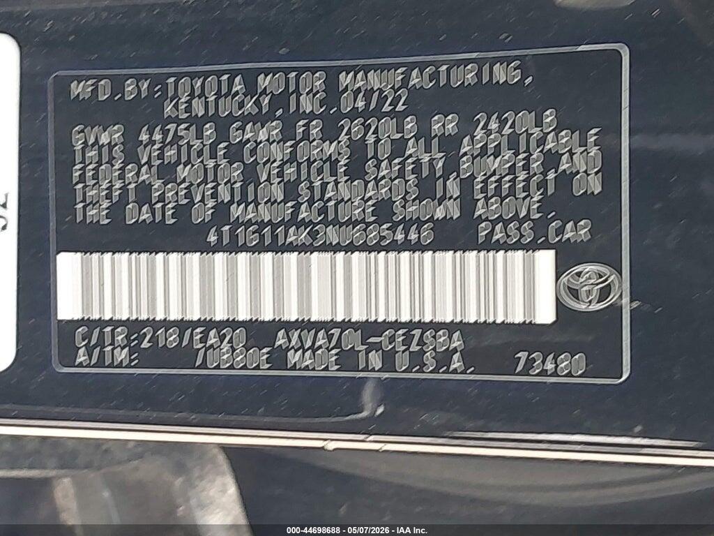 4T1G11AK3NU685446 2022 TOYOTA CAMRY photo no. 9