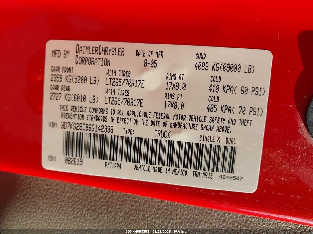 3D7KS29C96G142398 2006 DODGE RAM 2500 photo no. 9