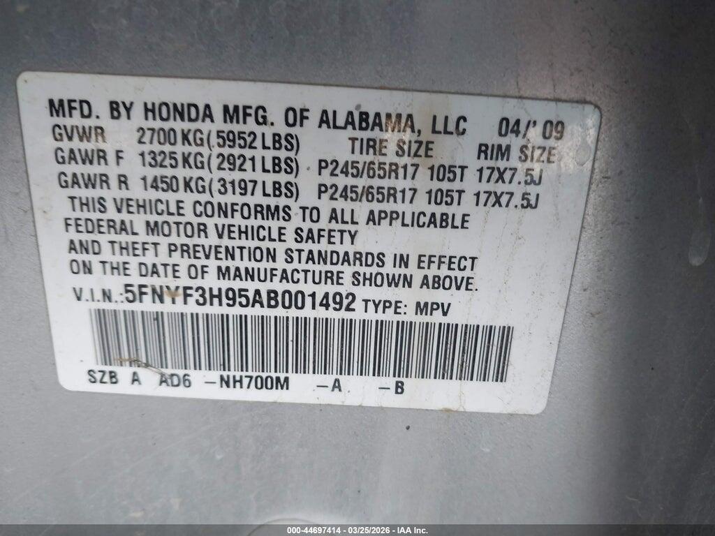 5FNYF3H95AB001492 2010 HONDA PILOT photo no. 9