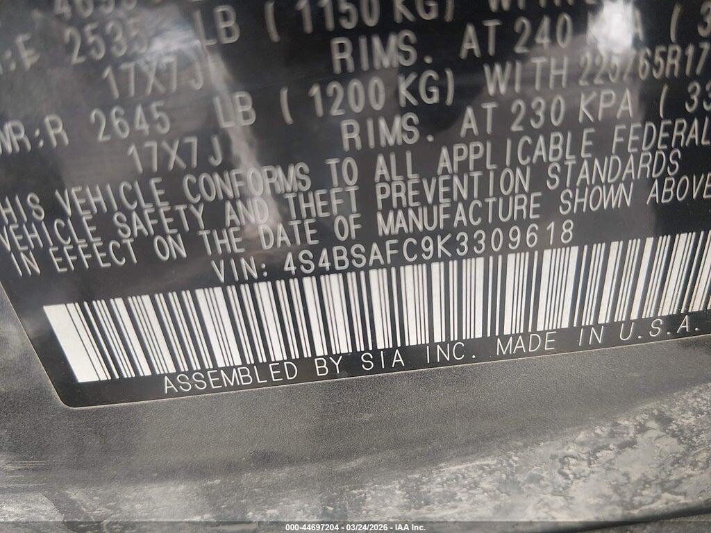 4S4BSAFC9K3309618 2019 SUBARU OUTBACK photo no. 9