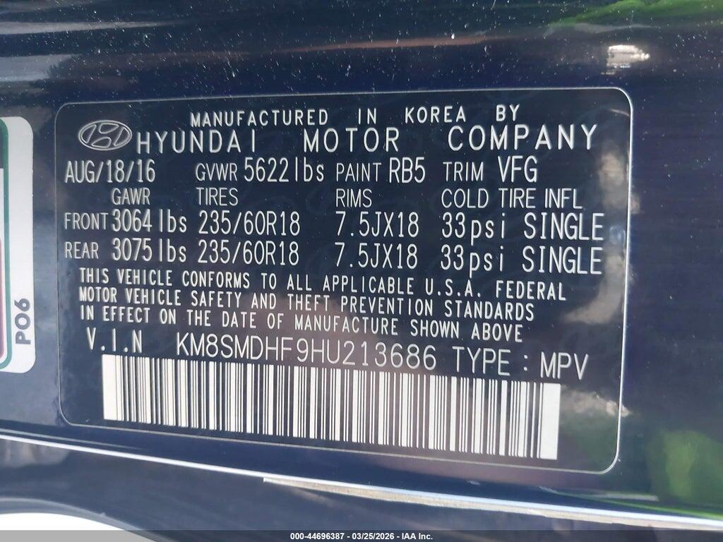 KM8SMDHF9HU213686 2017 HYUNDAI SANTA FE photo no. 9