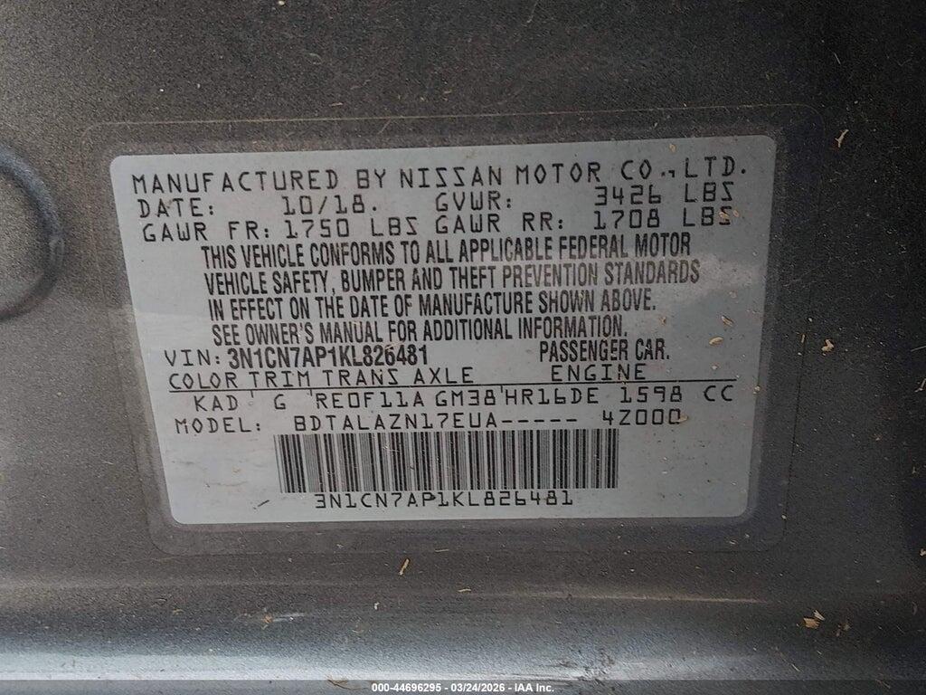 3N1CN7AP1KL826481 2019 NISSAN VERSA photo no. 9