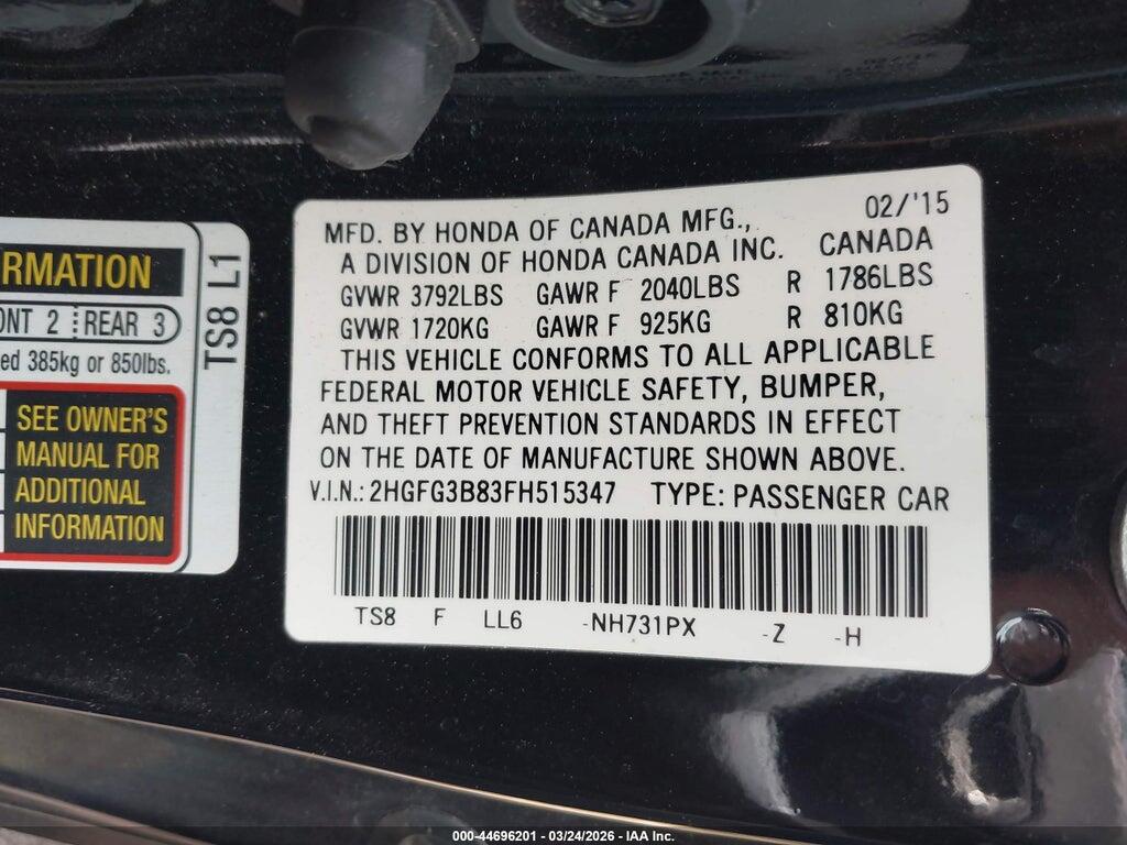 2HGFG3B83FH515347 2015 HONDA CIVIC photo no. 9