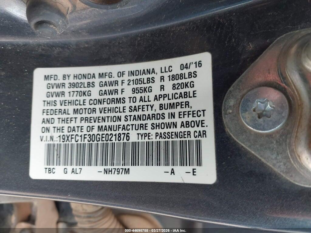 19XFC1F30GE021876 2016 HONDA CIVIC photo no. 9