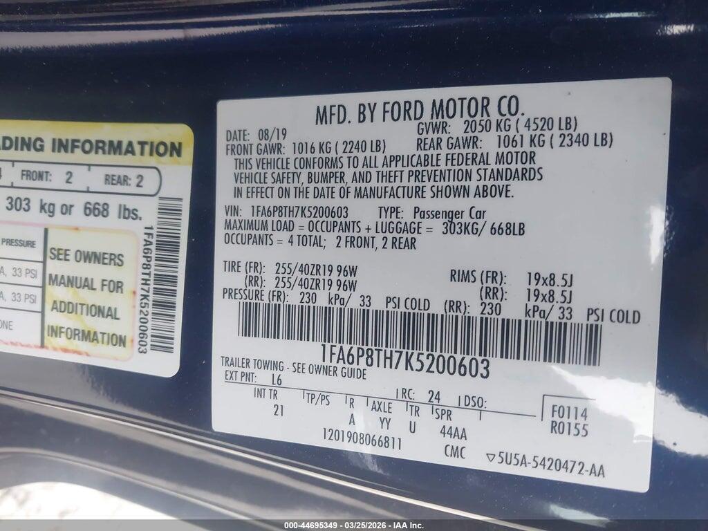 1FA6P8TH7K5200603 2019 FORD MUSTANG photo no. 9
