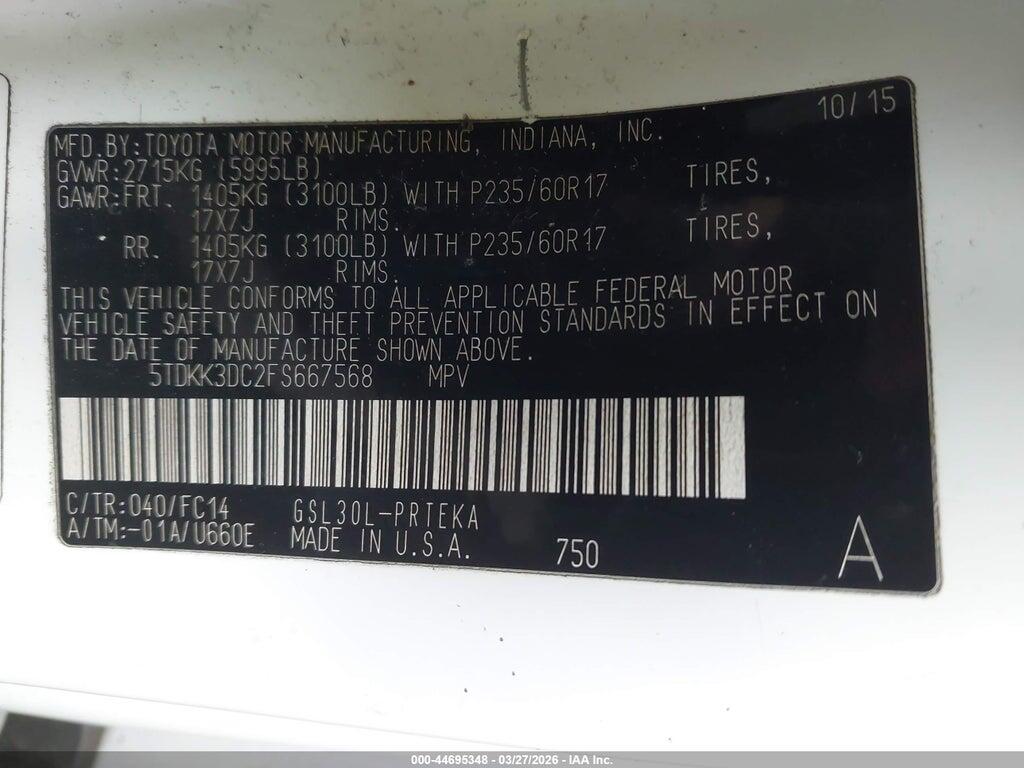 5TDKK3DC2FS667568 2015 TOYOTA SIENNA photo no. 9