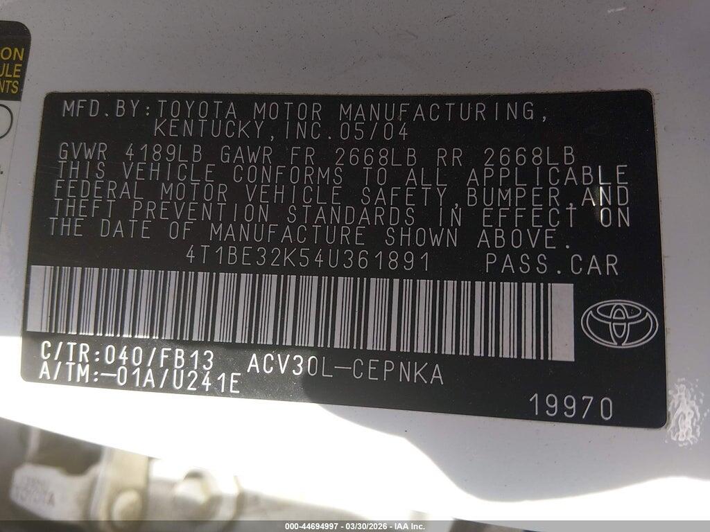 4T1BE32K54U361891 2004 TOYOTA CAMRY photo no. 9