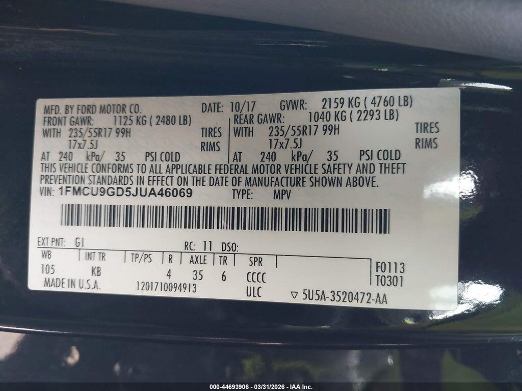 1FMCU9GD5JUA46069 2018 FORD ESCAPE photo no. 9