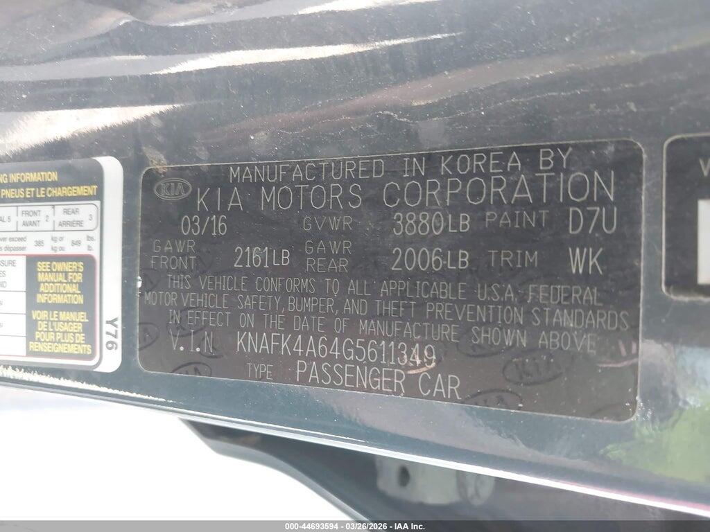 KNAFK4A64G5611349 2016 KIA FORTE photo no. 9