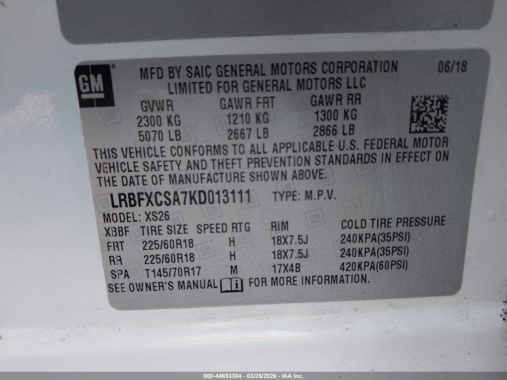 LRBFXCSA7KD013111 2019 BUICK ENVISION photo no. 9