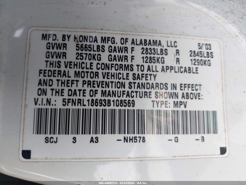 5FNRL18693B108569 2003 HONDA ODYSSEY photo no. 9