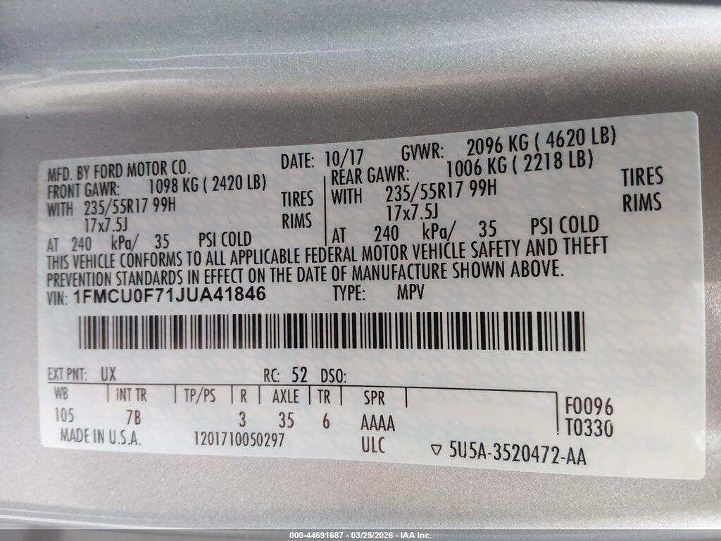 1FMCU0F71JUA41846 2018 FORD ESCAPE photo no. 9