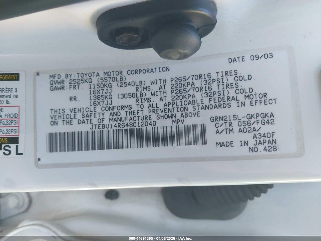 JTEBU14R648012040 2004 TOYOTA 4RUNNER photo no. 9