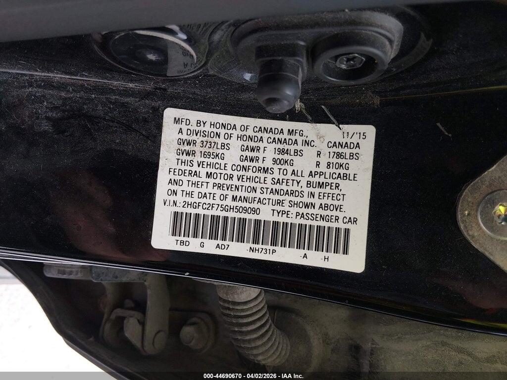 2HGFC2F75GH509090 2016 HONDA CIVIC photo no. 9