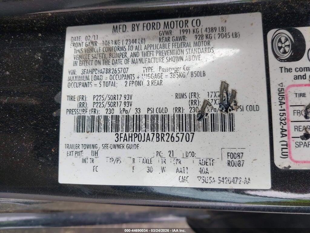 3FAHP0JA7BR265707 2011 FORD FUSION photo no. 9