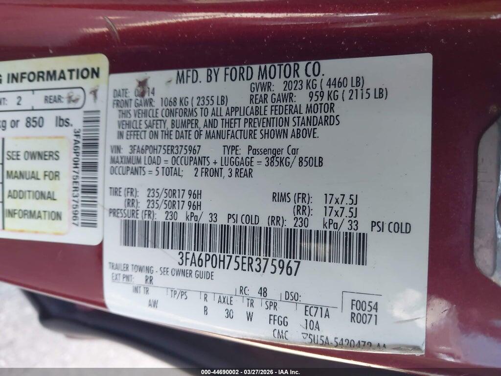 3FA6P0H75ER375967 2014 FORD FUSION photo no. 9