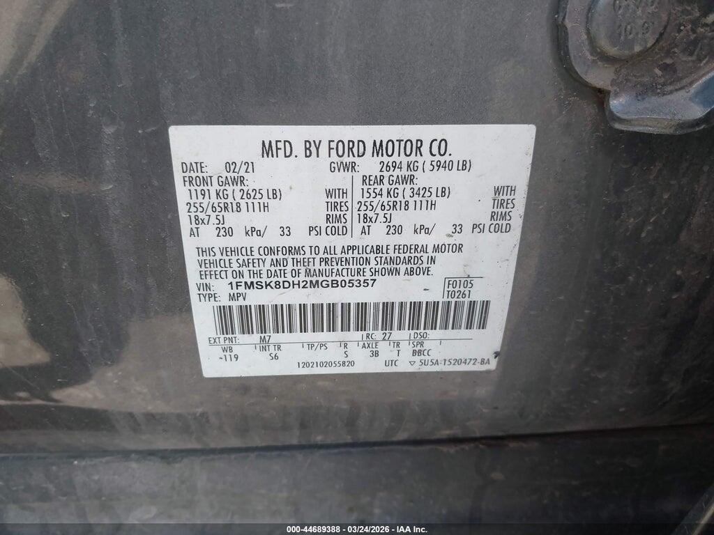1FMSK8DH2MGB05357 2021 FORD EXPLORER photo no. 9