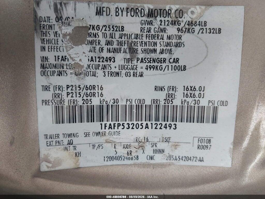 1FAFP53205A122493 2005 FORD TAURUS photo no. 9